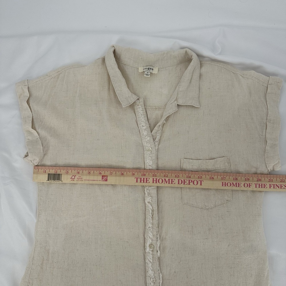 Umgee Sz S Oatmeal Beige Linen Blend Top Frayed Hem Shirt Rolled Cuff Sleeve - Picture 7 of 9